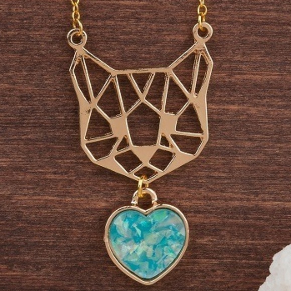 Luxury Gold Plated Mint Green Heart Cat Necklace - Picture 4 of 6